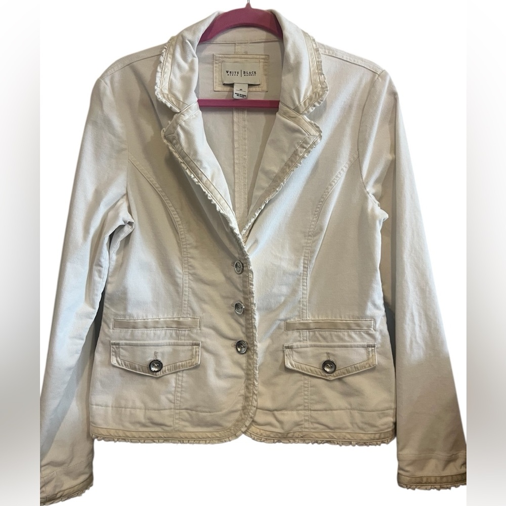 White House Black Market Fitted Ruffle Trim Cream Feminine Blazer Jacket Size 10